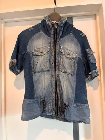 PPFM 후드 부착 데님 반팔 셔츠