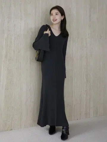 anuans 세미 머메이드 니트 원피스 차콜 그레이