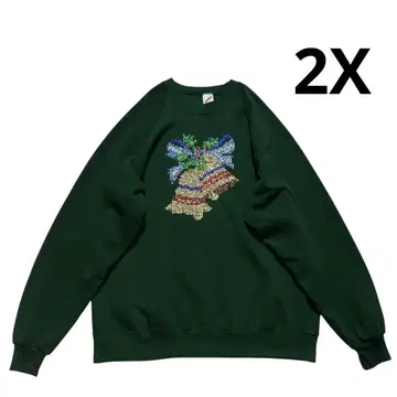 80s 90s USA 스팽글 맨투맨 2X 짙은 녹색 루돌프