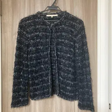 자유구 38 / 팬시 트위드 니트 자켓 / 블랙 / 노카라 라메