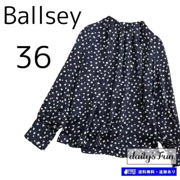 새상품급 Ballsey 쉘 버튼 꽃무늬 블라우스 보틀넥 36 네이비