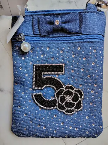 데님 반짝이 비쥬 장식 스마트폰 숄더백 5 숫자와 꽃 디자인 포함