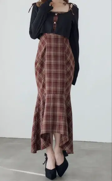 EATME 머메이드 체크 원피스 와인 이토미