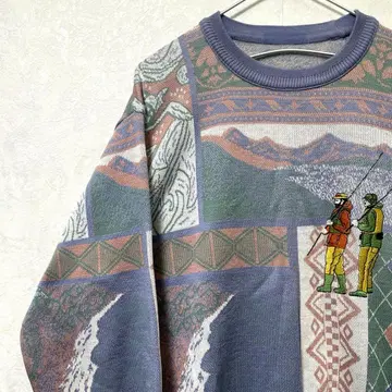 디자인 니트 올 패턴 자수 빈티지 레트로 아트 더스티 컬러 낚시