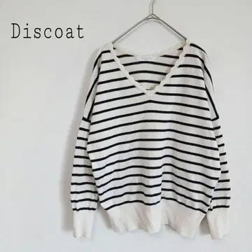 디스코트 Discoat 보더 무늬 V넥 긴팔 니트 풀오버 화이트 블랙