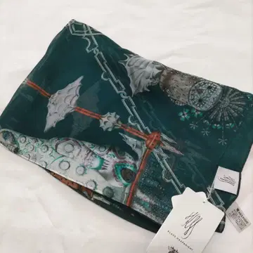 클라우스 하파니에미 실크 100% 다크 그린 스카프 택 포함 직사각형