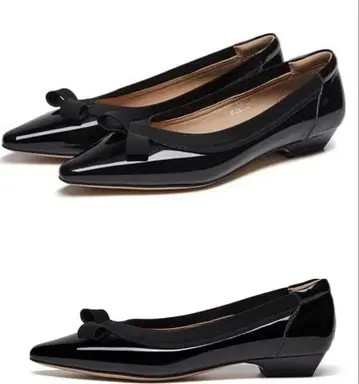 ST&SAT 블랙 에나멜 로우힐 펌프스 24cm 리본 Dafoni