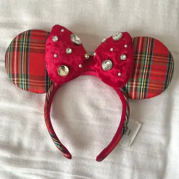 미키 귀 머리띠 빨간색 체크 무늬