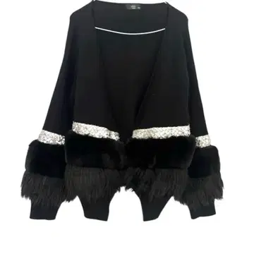 스웨터 퍼 장식 스팽글 울 블랙 볼레로 반짝이는 세련된