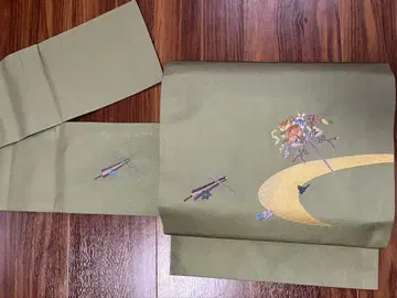 [ 88 ] 나고야 오비 9촌 순수 실크 자수 니시진 비단 중고 말차색