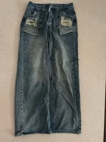 데미지 가공 와이드 청바지 다크 블루