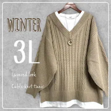 새상품 3L 빅 사이즈 이너 레이어드 스타일 케이블 튜닉 니트 베이지
