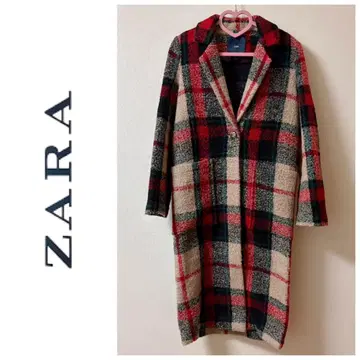 레어 ZARA 빨간색 체크 무늬 울 체스터 코트 롱 코트 S 사이즈