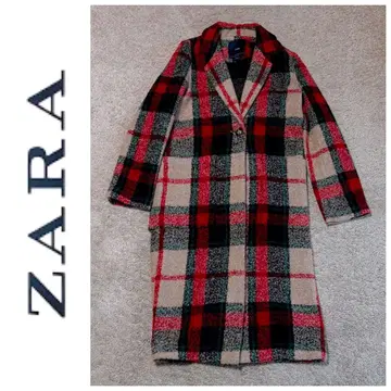 레어 ZARA 빨간색 체크 무늬 울 체스터 코트 롱 코트 S 사이즈