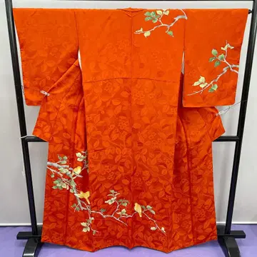 3765 츠케사게 홍차색 새와 나무 무늬 이중 기모노 레트로 상품