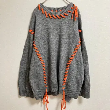 빅 루즈 핸드 스티치 니트 스웨터 그레이 오렌지 여성용