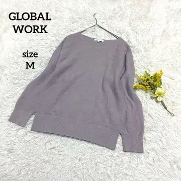 글로벌 워크 긴팔 니트 V넥 스웨터 심플 무지 퍼플 M
