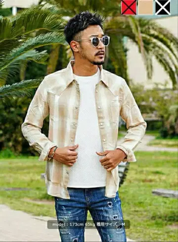 옴브레 체크 롱 셔츠 M 사이즈 베이지 RTEG