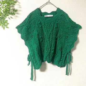 ZARA 자라 케이블 짜임 니트 M 그린 슬리브리스 사이드 리본