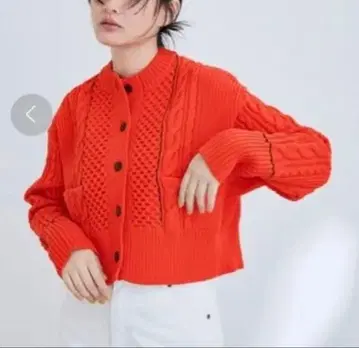 ADAM ET ROPE 케이블 숏 가디건 빨간색 레드 오렌지