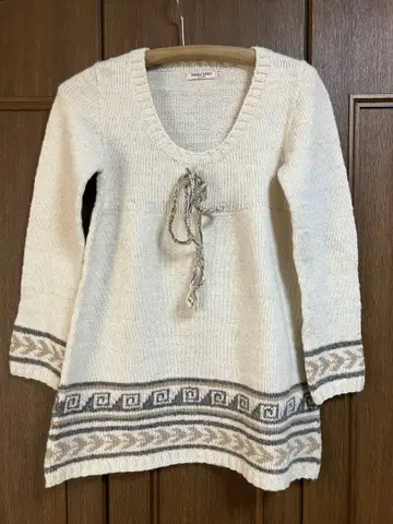 손뜨개질 울 자카드 무늬 긴팔 튜닉 화이트/프리 사이즈