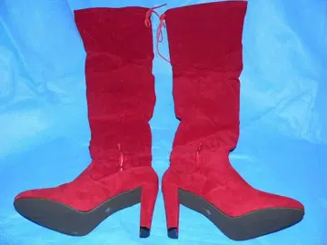 새상품급 빨간색 스웨이드 니하이 부츠 높은 힐
