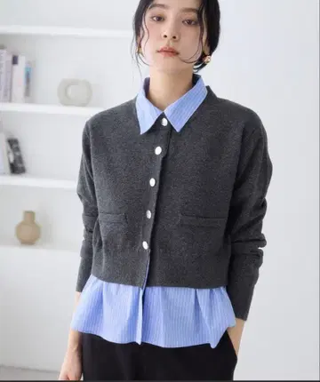 VIS 셔츠 레이어드 스타일 메탈 버튼 가디건 차콜