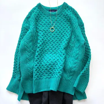 새상품급 쉽스 워셔블 케이블 짜임 크루넥 니트 아란 루즈핏 그린