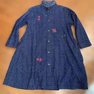 네이비 나염 도트 무늬 패치워크 A라인 원피스 코트 와