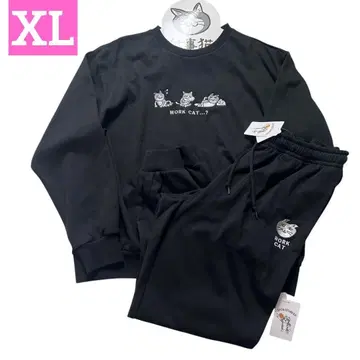 일하는 고양이 맨투맨 셋업 쿠마미네 상하의 블랙 XL 홈웨어