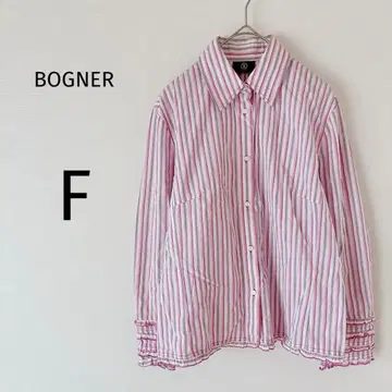 보그너 셔츠 긴팔 여성용 소매 프릴 귀여운 스트라이프 핑크 F