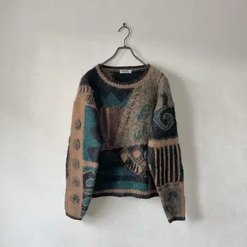 빈티지 입체편직 아트 총 패턴 니트 비대칭 모헤어 브라운 블랙 레트로