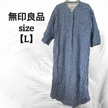 MUJI 무인양품 [ L ] 파랑과 화이트 체크 무늬 셔츠 원피스