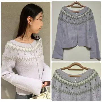 셀포드 비쥬 페어아일 라메 니트 지퍼 가디건 퍼플 보라색