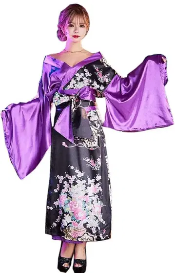 보라색 꽃무늬 일본 의류 의상