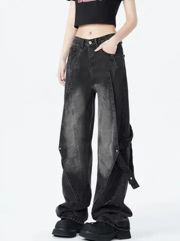 블랙 데님 와이드 레그 팬츠