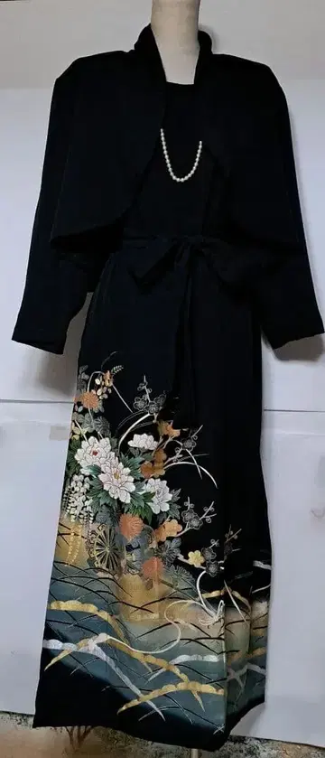 블랙 전통 예복 기모노 리메이크 볼레로 포함 롱 드레스 꽃무늬 파도 무늬