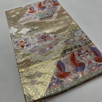 순수 실크 후쿠로 오비 꽃과 새 미사용