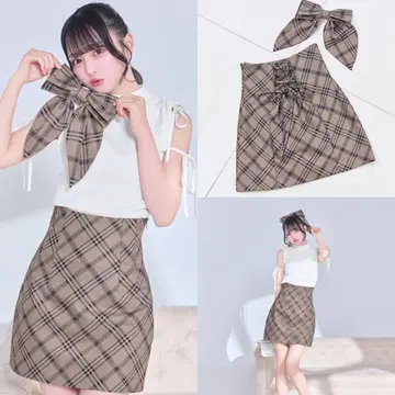 미셸 마카롱 체크 허리 라인 슬림 레그 스커트 & 헤어 액세서리 세트