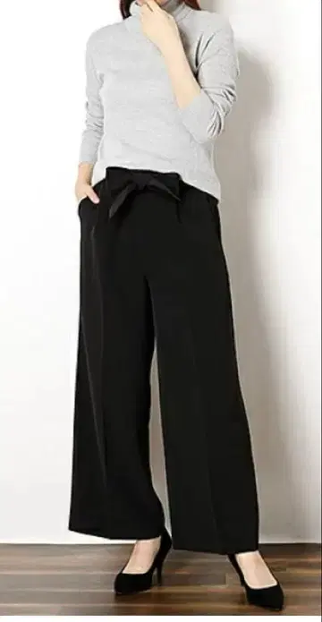 아르유(ru) 허리 턱 리본 포함 와이드 팬츠