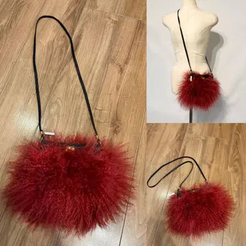 미사용 티베트 라무 퍼 숄더 백 천연 가죽 빨간색