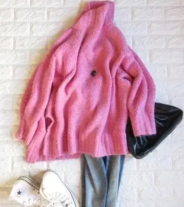 개럴개런트 스탠드 카라 기모 오버 사이즈 샤기 니트 핑크