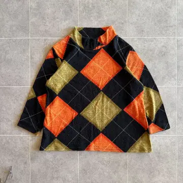 아가일 무늬 하이넥 니트 M~L 7부 소매 스웨터 오렌지 블랙 얇은 소재