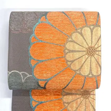 후쿠로 오비 금실 국화 빅 사이즈 화려한 그레이 기모노 오비 042k d