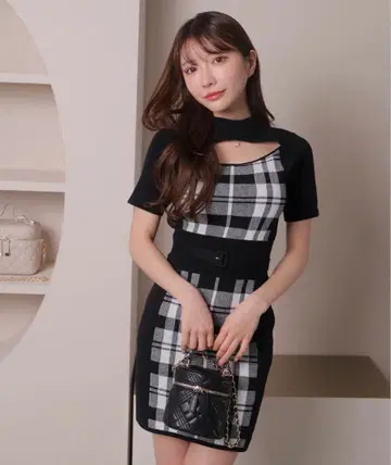 LIP SERVICE 체크 자카드 데콜테 오픈 원피스