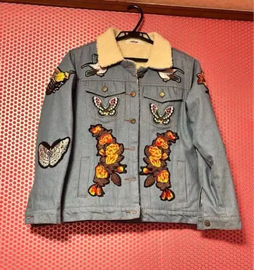 자수 장식 보아 옷깃 데님 자켓