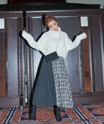 eimy istoire 트위드 콤비 랩 플레어 스커트 그린