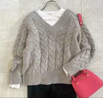 노리즈 라메 케이블 양 V넥 풀오버 니트 24AW 그레이