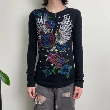 Y2K 여성용 장미 깃털 롱티 티셔츠 긴팔 셔츠 블랙