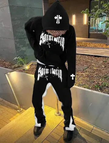 블랙 후드 부착 맨투맨 세트 양키 야리라 셋업